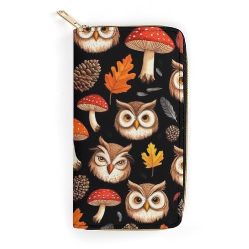 Girl's Long PU Wallet, Travel Purse Fashion Design, Huge Storage Capacity Purse, Cute Decor Zipper Wallet Floral Owls Fall Leaves Mushroom
