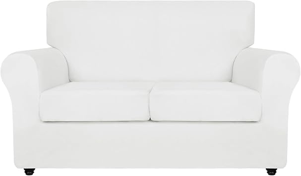 4 Pieces Polyester and Spandex High Stretch Couch Covers for 3 Cushion Couch Sofa Slipcovers, Furniture Protector with Non Slip Elastic BottomWhite,Double Chair