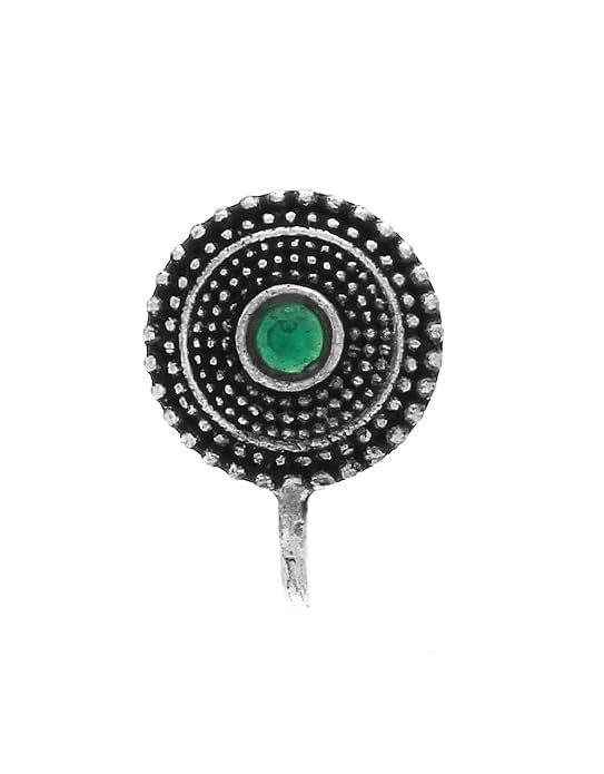 Plus Jewellery Delicate Oxidised silver finishing light Green stone stud Round Design Nose Pin | Ring | Without Piercing | Adjustable | Nose Ring | Nathiya|Nathani | For Festival |Navratri For womens & Girls.-image-49