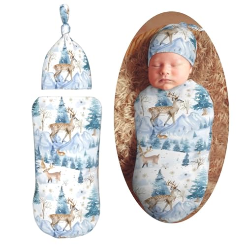 Image of Winter Animal Deer Swaddle Blanket With Beanie Hat Set - Christmas Newborn Wrap Soft Baby Receiving Blankets Sleep Sack for Boys and Girls