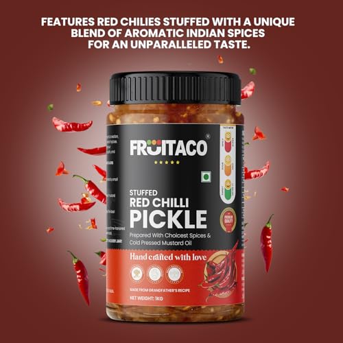 Image of Fruitaco Stuffed Red Chilli Pickle - Authentic Indian Pickle with Tangy and Spicy Flavor | Perfect Side for Meal (1 Kg, Stuffed Red Chilli Pickle)