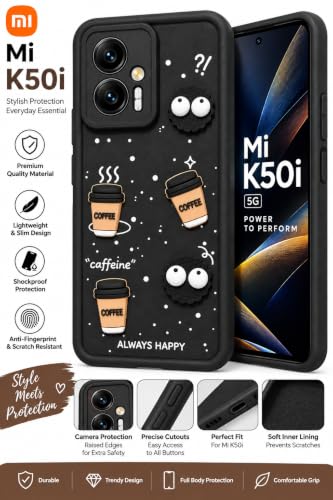 Image of Bintage Back Cover Compatible for Mi Redmi K50i 5G | Cute Fun Ball | 3D Taddy Smiley Coffee | Milk Case | Full Body Protection - Black