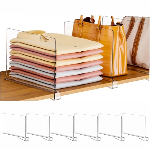 Clear Acrylic Shelf Dividers for Closet Organization - 6 Pack Closet Shelf Divider for Sweatshirt,Towel,Bag,Purse,Clothing,Sweater Organizer,Plastic Dividers and Separators for Shelves and Bedroom