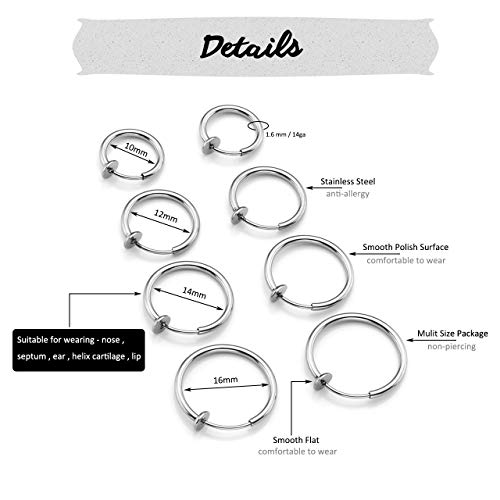 PiercingJ 8pcs Mixed Size Stainless Steel 14G Fake Nose Ring Spring Hoop, Clip On Earrings Fake Septum Cartilage Earrings Lip Ring Non Piercing Hoop Faux Body Piercing Jewelry 10-16mm3