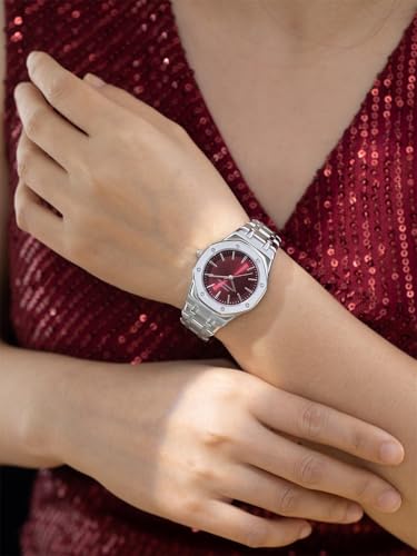 Image of French Connection Octa Edge | Analog | Red Sunray Dial | Silver Stainless Steel Strap | Watch for Women - FCB25SM