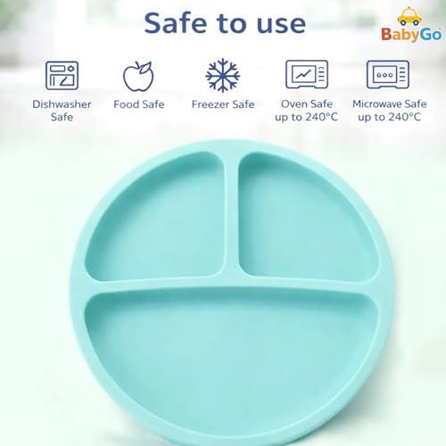 Image of BabyGo Silicone Suction Plate with Spoon for Babies | Microwave, Dishwasher & Freezer Safe | Unbreakable Feeding Plate with 4 Suction Cups for Babies & Toddlers | BPA-Free (Light Blue)