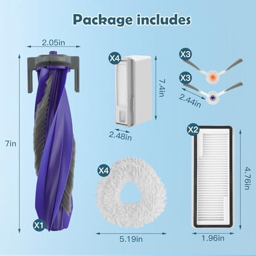 VIEWALL 17 Pack Replacement Accessories Kit Compatible with Narwal Freo X Ultra Robot Vacuum Cleaner, Including 1 Main Roller Brush, 2 Hepa Filters, 4 Mop Pads, 4 Dust Bags, and 6 Side Brushes - Thumbnail 3