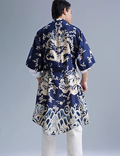 Ystylee Men's Kimono Robe Dragon Vintage Printed Lightweight Cotton Linen Japanese Haori Samurai Robe with Belt4