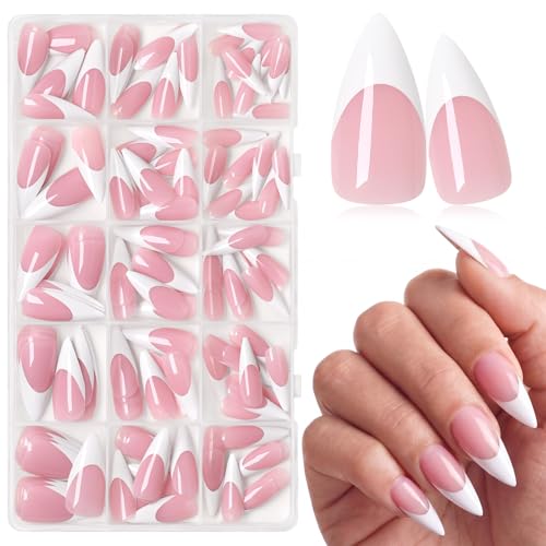 AddFavor White French Tip Press on Nails Long Stiletto Fake Nails - 150pcs Berry Pink Nails Press ons Acrylic Nails for Women with Adhesive Tabs 15 Sizes