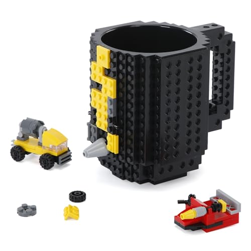 GNEGNI LIFE Building Blocks Mug Build-on Brick Coffee Mug Set 350ml with 3 Random Packs of 2-in-1 Bricks - Fun Gift for Men Dad Boys Girls for Christmas & Birthdays(Black)