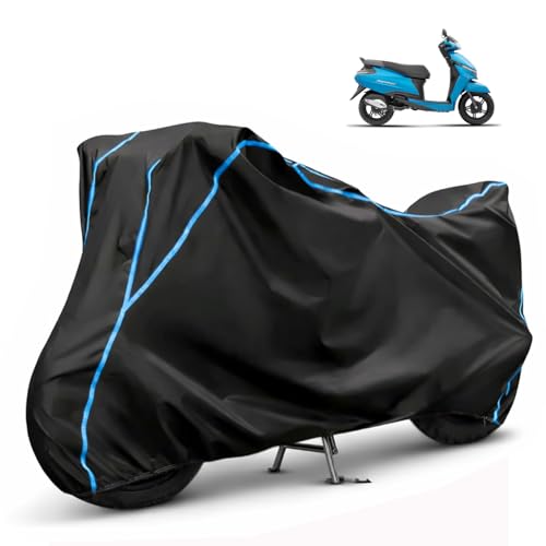 Image of Compatible with TVS Jupiter EV Waterproof Two Wheeler Scooter Body Cover Water Resistant, Heavy Duty, UV Rays, Dust & Scratch Protection for All-Modal & Variants (Black,Sky Blue Piping)