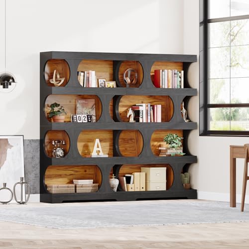 Image of Tribesigns 71 inch Tall Bookcase Set of 2, 4-Tier S-Shaped Bookshelf, Wood Decorative Storage Shelving, Modern Freestanding Display Shelves, Large Library Bookshelf Unit for Home Office, Black & Brown