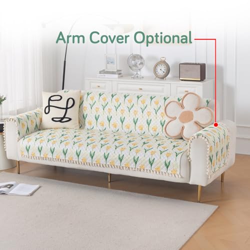 Image of HOKIPO Tulip Blossom Quilted Sofa Cover 5 Seater with Tassels Set - Sofa Cover for Seat & Back | 'Tassel Twigs' Series (IN-991-T4 + IN-989-T4)