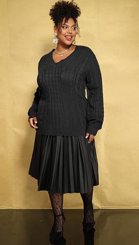 Image of CARCOS Plus Size Sweaters for Curvy Women Long Sleeve Cable V Neck Sweater Knit Pullover Preppy Style Fall Winter XL-5XL
