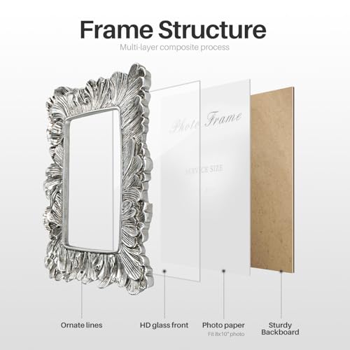 8x10 Picture Frame Silver, Vintage Silver Palm Leaves Textured Hand-Crafted Resin with Glass Front, Elegant Retro Design Photo Frame for Wall and Tabletop Display Home Decor