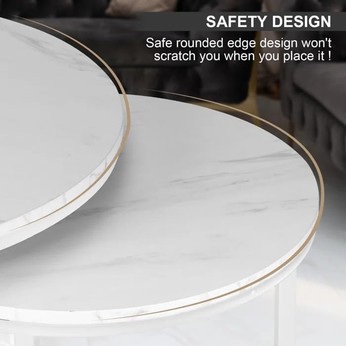 Image of Two-Piece Marble Look Coffee Table Set, top end Side Table, Metal Frame Cocktail Table, Nesting Tea Table, and Home Furniture Size for Living Rooms (White)