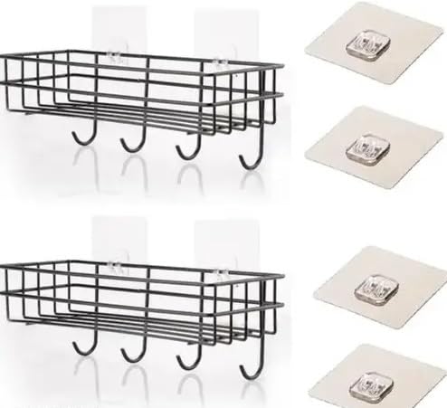 (PACK OF 2) Steel Self-Adhesive Multipurpose Bathroom Shelf with Hooks/Towel Holder/Rack/Bathroom Accessories-Wall Mount - Pack|Design - for home and kitchen