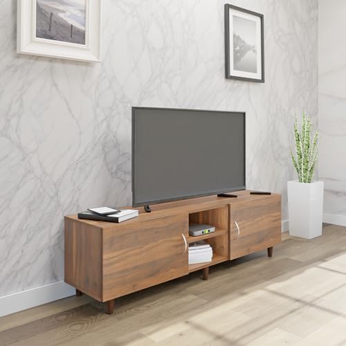 Image of VIKI Modern TV Unit for Living Room | Engineered Wood TV Cabinet with 2 Door Storage & Open Shelf, Set Top Box Stand, Entertainment Unit, 160W x 48H x 40D cm | DIY | 1 Year Warranty (Walnut)