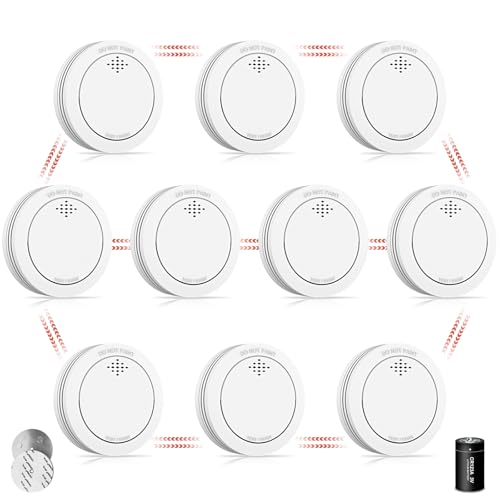 Detector de Humo con Soporte magnético, 10 años Alarma contra Incendios en Red con batería CR123A reemplazable, Alarma de 85 dB, silenciamiento, Advertencia de batería Baja, 10 Unidades