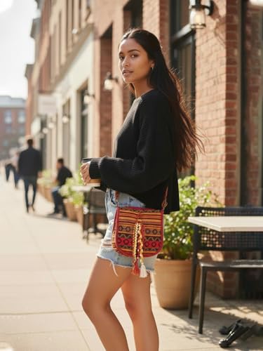 Image of The House of tara Ethnic Handloom Crossbody Sling Bag | Embellished with Tassels and Trims. Flap Closure Snap Button | Multicolour Crossbody Bag for Women | Handmade | Elegant Design