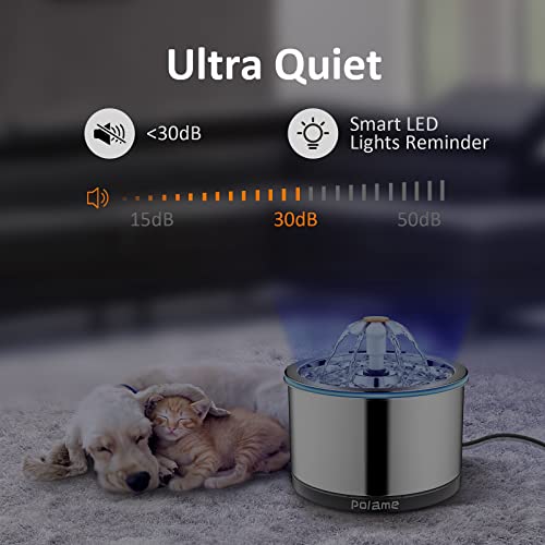 Polame Automatic Water Fountain For Cats Inside, Ultra-Quiet Pet Fountain Dog Water Dispenser With 1 Cat Waterer Filter For Cats, Small Dogs, Stainless Steel #TOP4