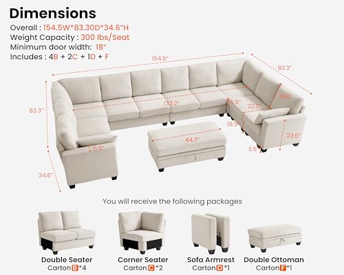Image of CHIC HOUSE Modular Sectional Couch| Corduroy L Shaped Sleeper Sofa, U-Shape Sofa Bed Convertible Chaise with Storage Ottoman for Living Room Modern Furniture (Beige, 12 Seater U-Shaped)