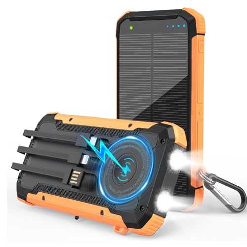Solar Phone Charger 20000mAh Wireless Power Bank Built-in 3 Cables 15W USB-C Fast Charging Orange Battery Pack Compatible with iPhone, Samsung, Emergency LED Flashlights Perfect for Camping, Hiking