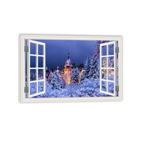 Impression sur toile fenêtre cèdre d'hiver 75x50cm tableau décoration murale sans cadre