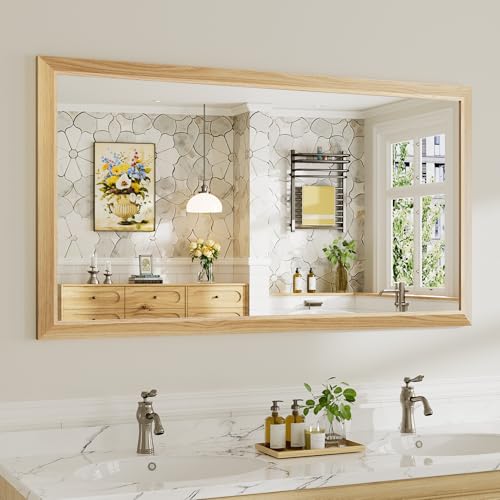 Image of 55x30 Inch Bathroom Mirror for Wall, Anti-Rust Oak Wood Grain Metal Framed Bathroom Mirrors for Over Sink,Rectangler Mirrors for Bathroom Vanity, Farmhouse, Bedroom, Living Room, Entryway Decor