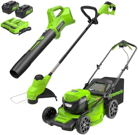 lawn mower and weed eater combo that will change your yard game 2 Greenworks 48V (2x24V) 21" Brushless Mower+12" String Trimmer+320CFM Blower,(2) 5.0Ah Batteries and 4A Dual Port Charger