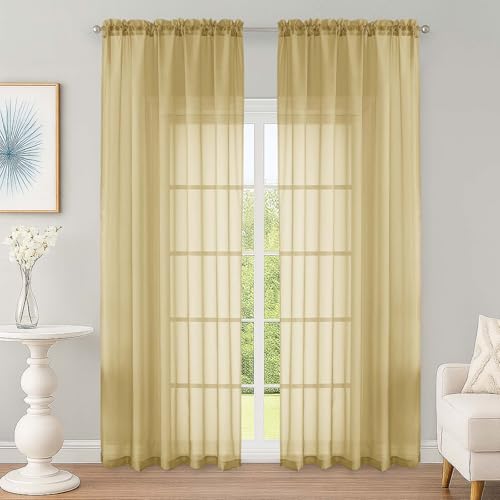 Image of OWENIE Gold Sheer Curtain 90 Inches Long 2 Panels Set, Solid Filmy Drapes for Living Room Bedroom, Elegant Window Voile Sheer Curtain Panels Drapes, 2 Pcs, Each 59 inch Wx90 L Inch