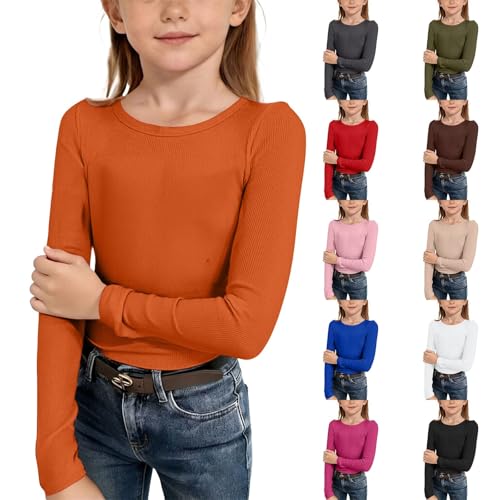 Mjjsk Camiseta de manga larga acanalada para niñas, casual, cuello redondo, básica, moderna, ajustada, cómoda, suave, capa base, clásica, lisa, naranja, 7-8 años