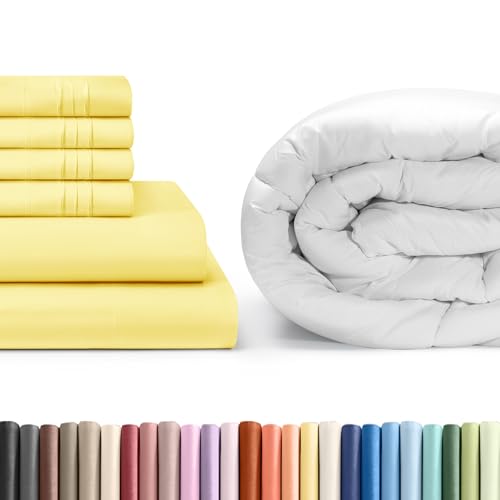 CGK Unlimited Yellow Sheet Set with Comforter (Cali King Size) - Bed Set Includes Fitted Sheet, Flat Sheet & Pillow Cases - Bedding Set - Breathable Bed Comforter Set