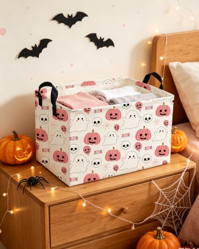 Image of Essme Rectangular Halloween Baskets,Pink Storage Box,Cute Basket for Kids Room Decor, Book Bins,Shelf Basket.(Pink Halloween