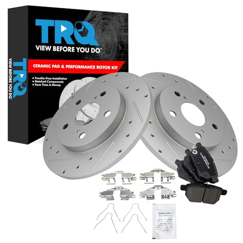 Image of TRQ Performance Rear Brake Pad and Rotor Set Ceramic Coated Drilled Slotted Compatible with 2016 Scion iM 2008-2015 xB 2017-2018 Toyota Corolla iM 2009-2013 Matrix