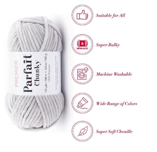 Image of Premier Yarns Parfait Chunky Chenille Yarn 3.5 Oz 6 Super Bulky Weight 3 Pack Bundle with Bella's Stitch Place Holders (Fog)
