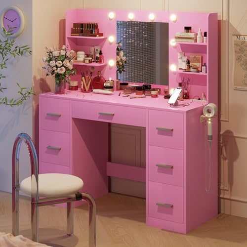 Image of YESHOMY Vanity Desk with Mirror, Power Outlet and 10 Lights, Makeup Table with 7 Drawers, 3 Color Modes Available for Bedroom, Light Pink