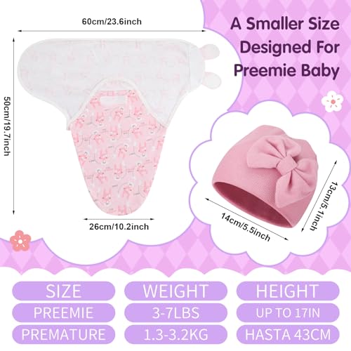 Image of Fanfanwin 5 Pack Preemie Swaddle Blanket Wrap with Hat Set Cotton Preemie Baby Clothes Hat Receiving Blanket for 3-7 Lbs Newborn Boys Girls(Bow)