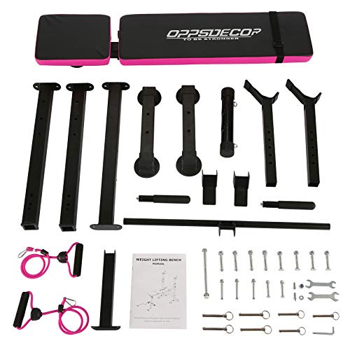 Folding Adjustable Weight Bench with Barbell Rack, Multi-Function Strength Training Adjustable Benches for Fitness Exercise and Strength Workout (Pink)