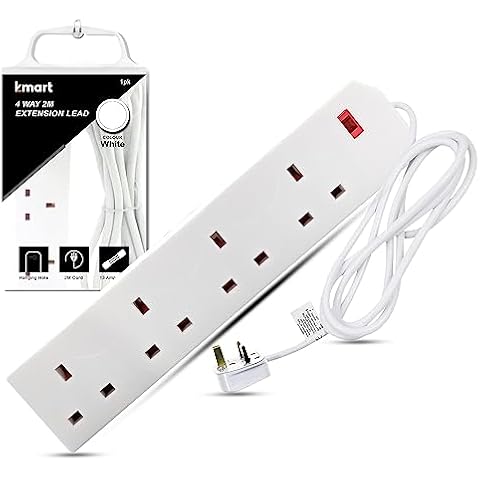 K-MART Heavy Duty Extension Lead UK Pin Plug and Cable, 4 Gang Way 2m Power Adapter, Multi Socket Mains Strip (1 Pack, White) Cover