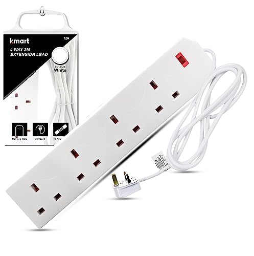 Heavy Duty Extension Lead UK Pin Plug and Cable, 4 Gang Way 2m Power Adapter, Multi Socket Mains Strip (White, 1 Pack)