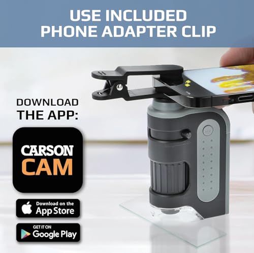 Image of Carson MicroBrite Pro Kit with Pocket Microscope & Smartphone Adapter Clip | Science Kit with 60x-120x LED Lighted Pocket Microscope and Smartphone Adapter For Digiscoping (MM-350)