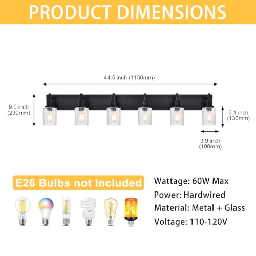 Image of 6 Lights Black Bathroom Lighting Fixtures with Clear Fluted Glass | Modern Farmhouse Vanity Light Bathroom Wall Sconces Over Mirror, E26 Socket, for Bedroom, Living Room, Hallway, Kitchen