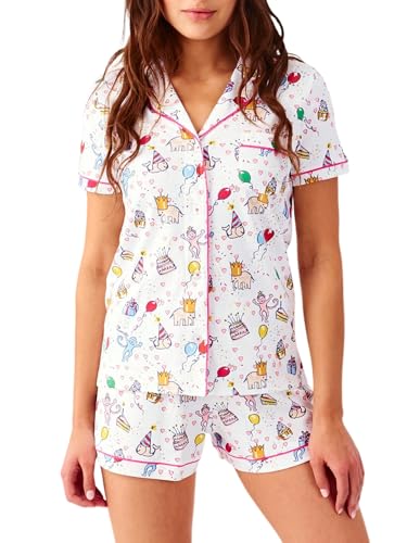 Image of Womens Y2k Preppy Pajamas Set, 2 Piece Button Down Monkey Beach Shorts Set Holiday Vacation Loungewear Pjs for Jammies Back to School Party Birthday Gifts(Birthday, X-Small)