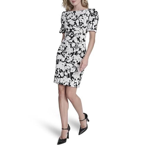 Image of DKNY Women's Short Sleeve Ruched Knee Length Sheath Dress with Button Detail