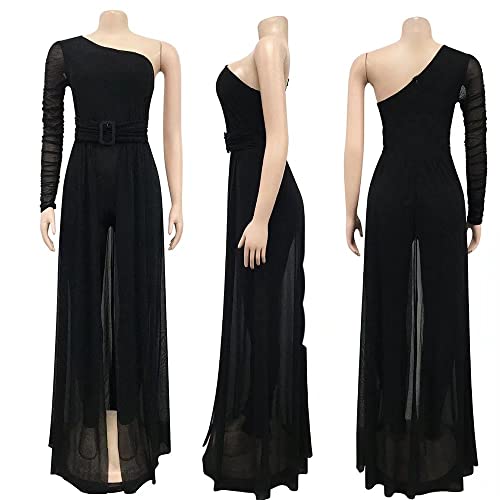 Women's Sexy One Shoulder Dressy Jumpsuits Mesh Patchwork Belted Bodycon Pants Rompers Overlay Party Club Red Xxl #TOP5