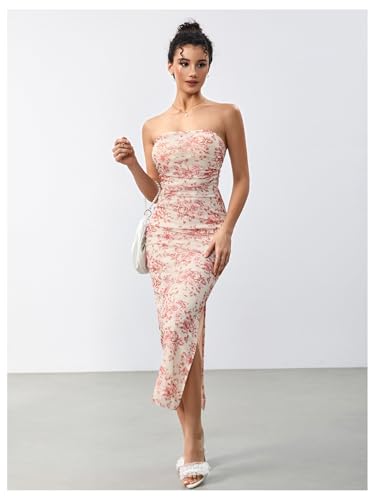 Image of Milumia Women's Floral Strapless Bodycon Maxi Dress Summer Mesh Tube Top Dresses