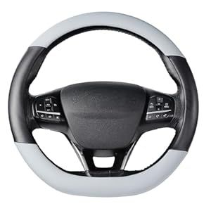 SEG Direct Flat Bottom Steering Wheel Cover, D Shaped Car Wheel Cover 14 1/2-15 in. (37-39 cm), Black Gray Microfiber Leather