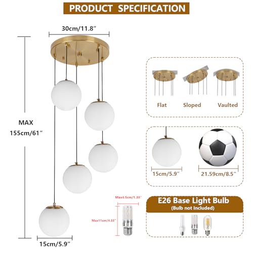 Image of Mid Century Globe Chandelier, 5-Light Brushed Gold Pendant with Milk White Glass, Modern Cluster Lighting for Staircase Kitchen Island Dining Room