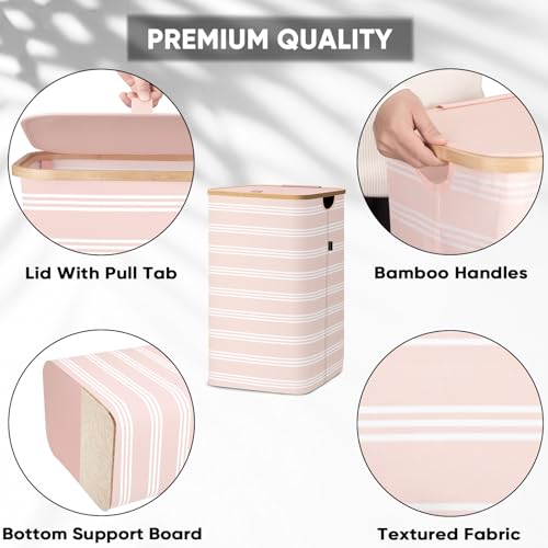 Image of BALEINE Laundry Hamper with Lid, Tall Laundry Baskets with Bamboo Pull Handles, Large Laundry Bin with Internal Support (18 Gal /70L, Pink Pinstripe)